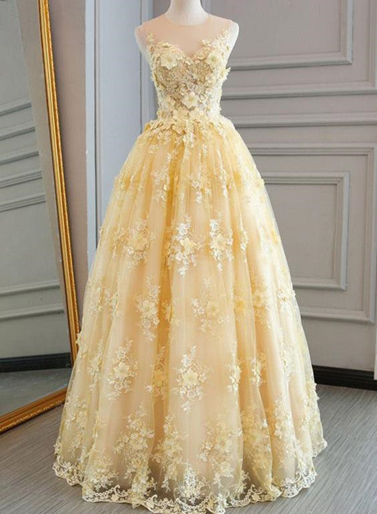 solvbao Light Yellow Organza Tulle Applique Formal Gown, Lace Applique Formal Dress