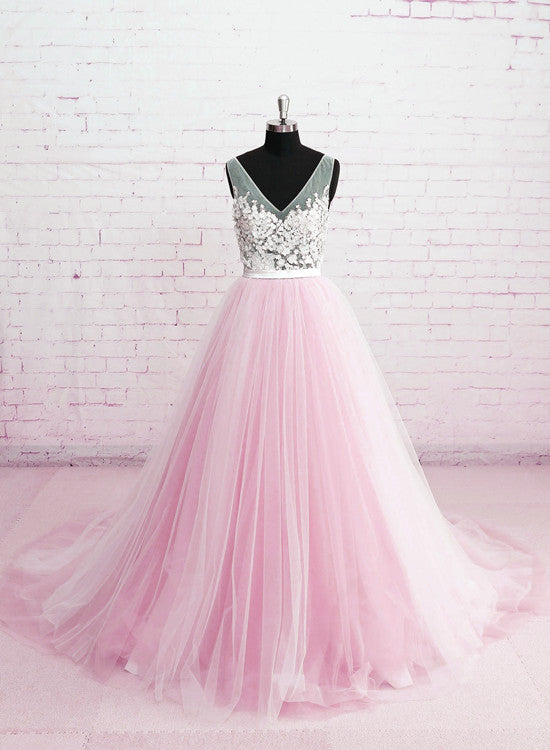 Solvbao Beautiful Pink Tulle V-neckline Prom Dress , Pink Wedding Party Dresses