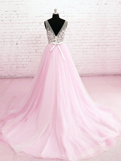 Solvbao Beautiful Pink Tulle V-neckline Prom Dress , Pink Wedding Party Dresses