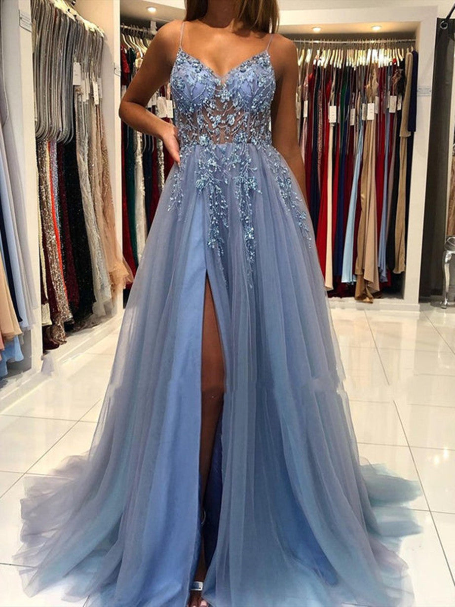 Solvbao Blue Sparkle Beaded Tulle A-line Long Prom Dress, Prom Dress with Leg Slit