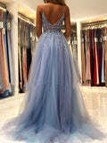 Solvbao Blue Sparkle Beaded Tulle A-line Long Prom Dress, Prom Dress with Leg Slit