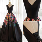 solvbao Black Satin Floral Lace-up Formal Dresses, Black Party Dress, Formal Gowns