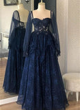 solvbao A-line Navy Blue Lace Sweetheart Long Sleeves Prom Dress, Navy Blue Evening Dress