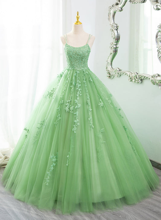 Solvbao Green Ball Gown Scoop Straps Tulle Long Prom Dress, Green Tulle Formal Dress