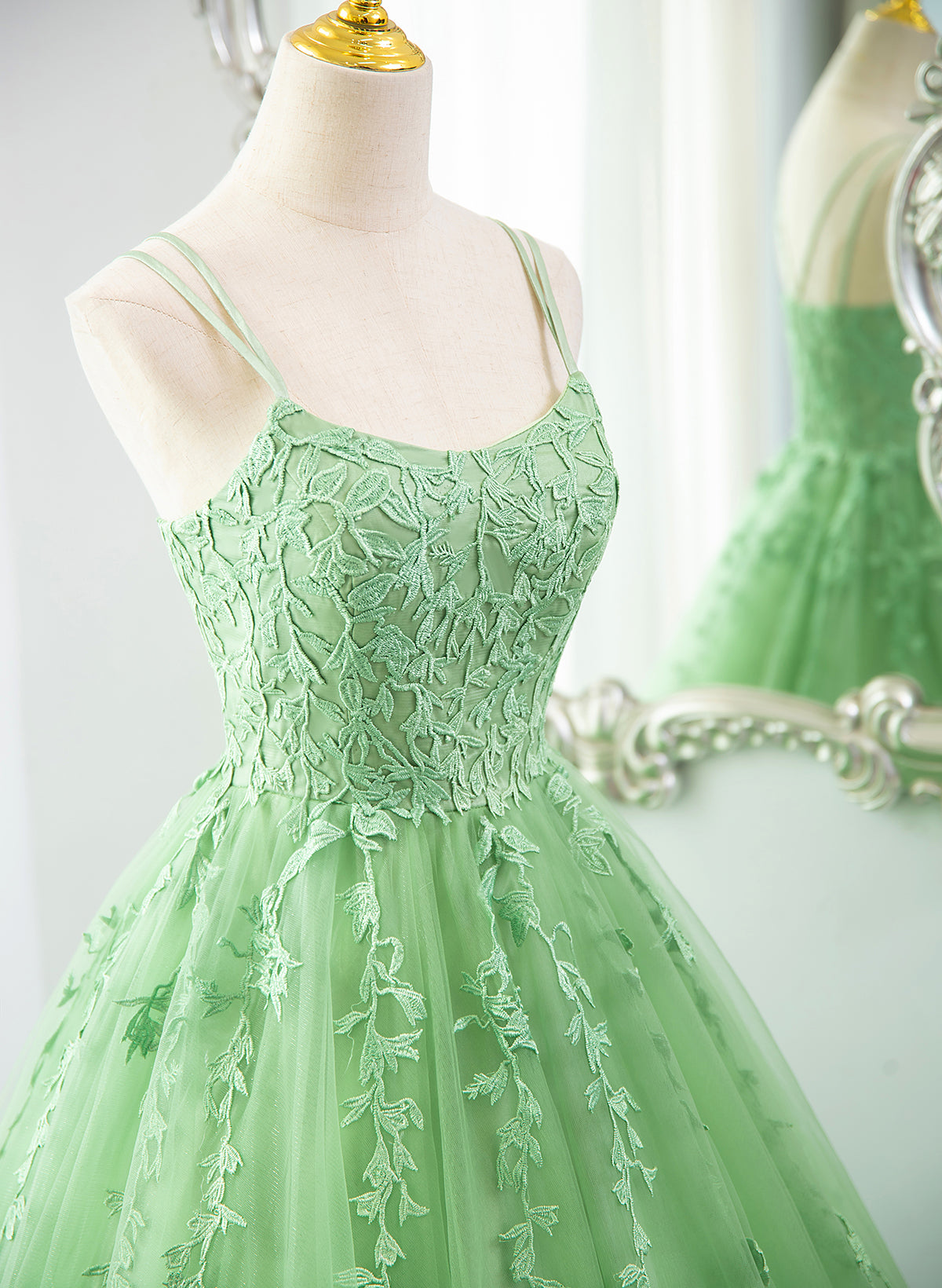 Solvbao Green Ball Gown Scoop Straps Tulle Long Prom Dress, Green Tulle Formal Dress