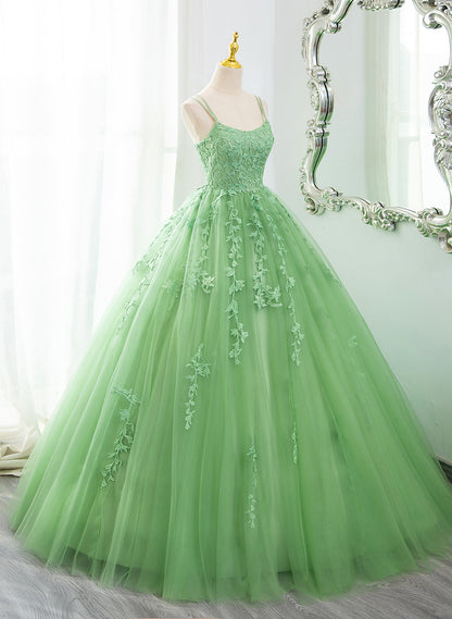 Solvbao Green Ball Gown Scoop Straps Tulle Long Prom Dress, Green Tulle Formal Dress