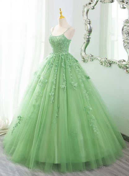 Solvbao Green Ball Gown Scoop Straps Tulle Long Prom Dress, Green Tulle Formal Dress