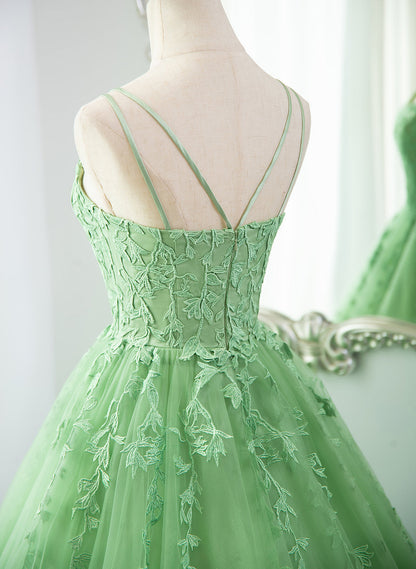 Solvbao Green Ball Gown Scoop Straps Tulle Long Prom Dress, Green Tulle Formal Dress