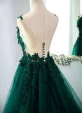 Solvbao Dark Green Tulle V-neckline Party Dress with Lace, Dark Green Tulle Prom Dress