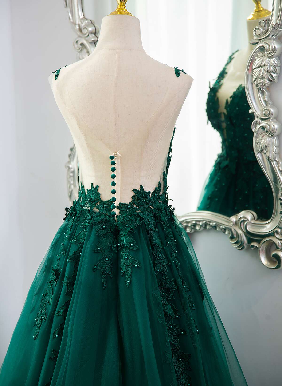 Solvbao Dark Green Tulle V-neckline Party Dress with Lace, Dark Green Tulle Prom Dress