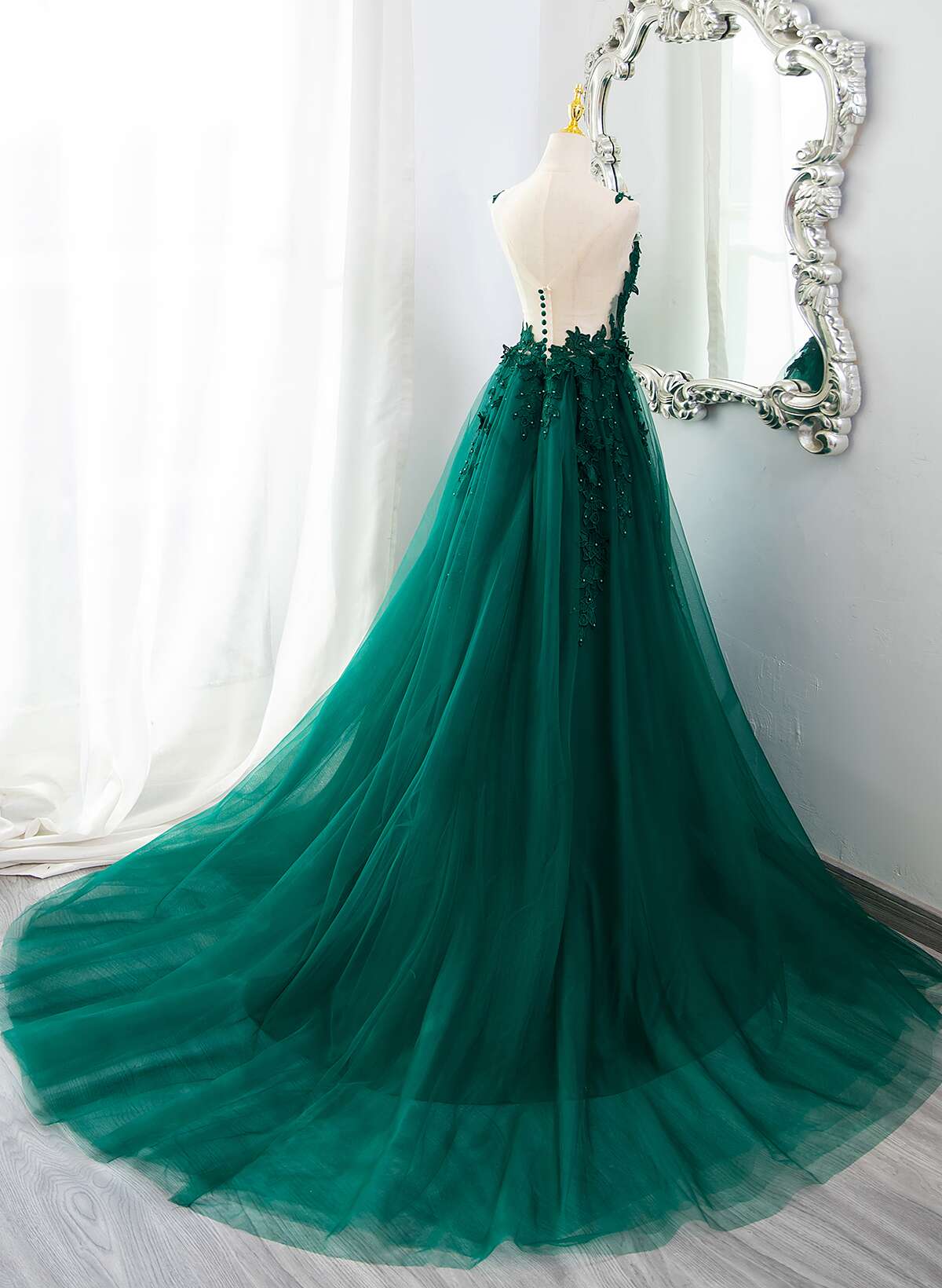 Solvbao Dark Green Tulle V-neckline Party Dress with Lace, Dark Green Tulle Prom Dress