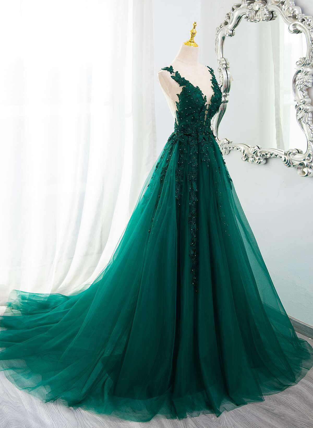 Solvbao Dark Green Tulle V-neckline Party Dress with Lace, Dark Green Tulle Prom Dress