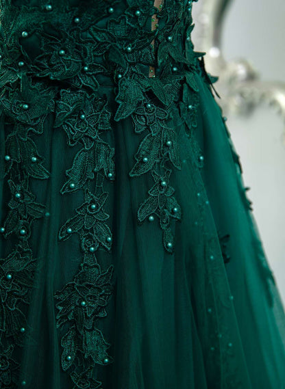 Solvbao Dark Green Tulle V-neckline Party Dress with Lace, Dark Green Tulle Prom Dress