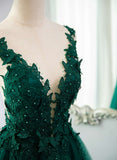 Solvbao Dark Green Tulle V-neckline Party Dress with Lace, Dark Green Tulle Prom Dress