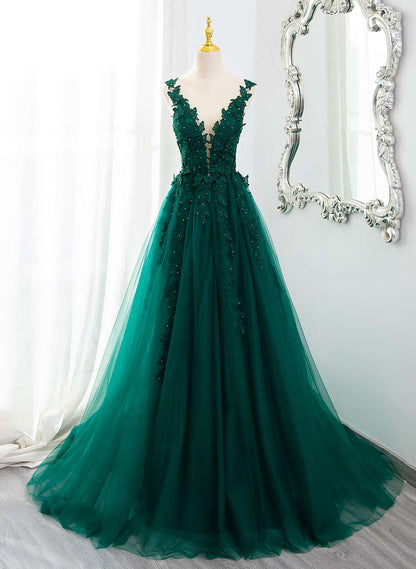 Solvbao Dark Green Tulle V-neckline Party Dress with Lace, Dark Green Tulle Prom Dress