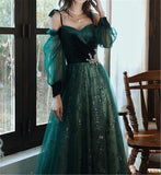 solvbao Beautful Dark Green Tulle Stunning Sequin Bridal Dress, Spaghetti Strap Prom Dress Wedding Party Dresses