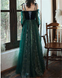 solvbao Beautful Dark Green Tulle Stunning Sequin Bridal Dress, Spaghetti Strap Prom Dress Wedding Party Dresses