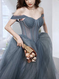 solvbao Beautiful Grey-Blue Tulle Sweetheart Shiny Off Shoulder Prom Dress, A-line Party Dress Evening Dresses