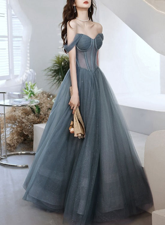 solvbao Beautiful Grey-Blue Tulle Sweetheart Shiny Off Shoulder Prom Dress, A-line Party Dress Evening Dresses