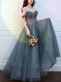 solvbao Beautiful Grey-Blue Tulle Sweetheart Shiny Off Shoulder Prom Dress, A-line Party Dress Evening Dresses