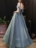 solvbao Beautiful Grey-Blue Tulle Sweetheart Shiny Off Shoulder Prom Dress, A-line Party Dress Evening Dresses