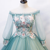 Solvbao Beautiful Light Green Ball Gown Long Sleeves Party Dress with Lace, Sweet 16 Gown Formal Dresses