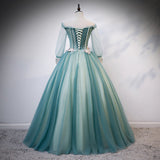 Solvbao Beautiful Light Green Ball Gown Long Sleeves Party Dress with Lace, Sweet 16 Gown Formal Dresses