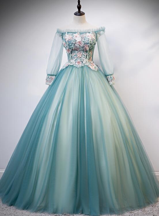 Solvbao Beautiful Light Green Ball Gown Long Sleeves Party Dress with Lace, Sweet 16 Gown Formal Dresses