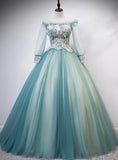 Solvbao Beautiful Light Green Ball Gown Long Sleeves Party Dress with Lace, Sweet 16 Gown Formal Dresses