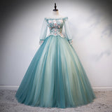 Solvbao Beautiful Light Green Ball Gown Long Sleeves Party Dress with Lace, Sweet 16 Gown Formal Dresses