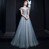 Solvbao Beautiful Pretty Bue Beaded Off Shoulder Long Formal Dress Party Dress, Blue Evening Gowns