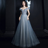 Solvbao Beautiful Pretty Bue Beaded Off Shoulder Long Formal Dress Party Dress, Blue Evening Gowns