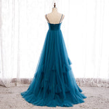 Solvbao Beautiful Teal Blue Tulle Straps Long High Waist Prom Dress, Blue Evening Party Dresses