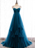 Solvbao Beautiful Teal Blue Tulle Straps Long High Waist Prom Dress, Blue Evening Party Dresses