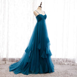 Solvbao Beautiful Teal Blue Tulle Straps Long High Waist Prom Dress, Blue Evening Party Dresses