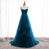 Solvbao Beautiful Teal Blue Tulle Straps Long High Waist Prom Dress, Blue Evening Party Dresses