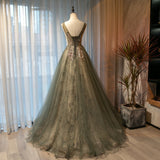 Solvbao Beautiful Tulle with Applique Light Green Round Neckline Prom Dress, Low Black Long Formal Dress