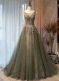 Solvbao Beautiful Tulle with Applique Light Green Round Neckline Prom Dress, Low Black Long Formal Dress