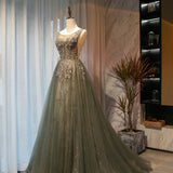 Solvbao Beautiful Tulle with Applique Light Green Round Neckline Prom Dress, Low Black Long Formal Dress