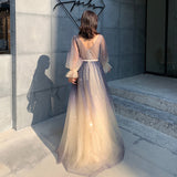 Solvbao Beautiful V-neckline Long Puffy Sleeves Gradient Party Dress, Long Shiny Prom Dress Formal Dresses