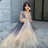 Solvbao Beautiful V-neckline Long Puffy Sleeves Gradient Party Dress, Long Shiny Prom Dress Formal Dresses