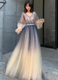 Solvbao Beautiful V-neckline Long Puffy Sleeves Gradient Party Dress, Long Shiny Prom Dress Formal Dresses