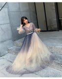 Solvbao Beautiful V-neckline Long Puffy Sleeves Gradient Party Dress, Long Shiny Prom Dress Formal Dresses