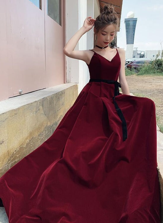 Solvbao Beautiful Wine Red Velvet Long Party Dress Prom Dress, Dark Red Evening Dresses