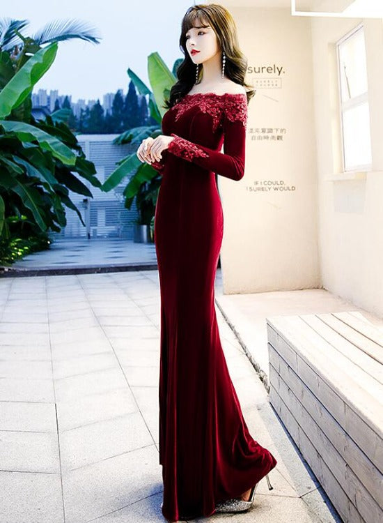 Solvbao Beautiful Wine Red Velvet Mermaid Long Evening Dress Party Dress, Long Evening Dresses