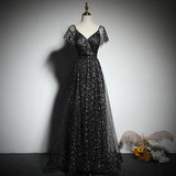 solvbao Black V-neckline Cap Sleeves Floor Length Party Dress, Black A-line Evening Dress Formal Dresses