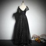 solvbao Black V-neckline Cap Sleeves Floor Length Party Dress, Black A-line Evening Dress Formal Dresses