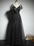 solvbao Black V-neckline Cap Sleeves Floor Length Party Dress, Black A-line Evening Dress Formal Dresses