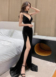 Solvbao Black Velvet Sexy High Leg Slit Long Party Dress, Black Prom Dress Formal Dresses