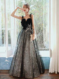 Solvbao Black Velvet and Lace Tulle Straps Long Party Dress, Black Evening Dress Prom Dresses